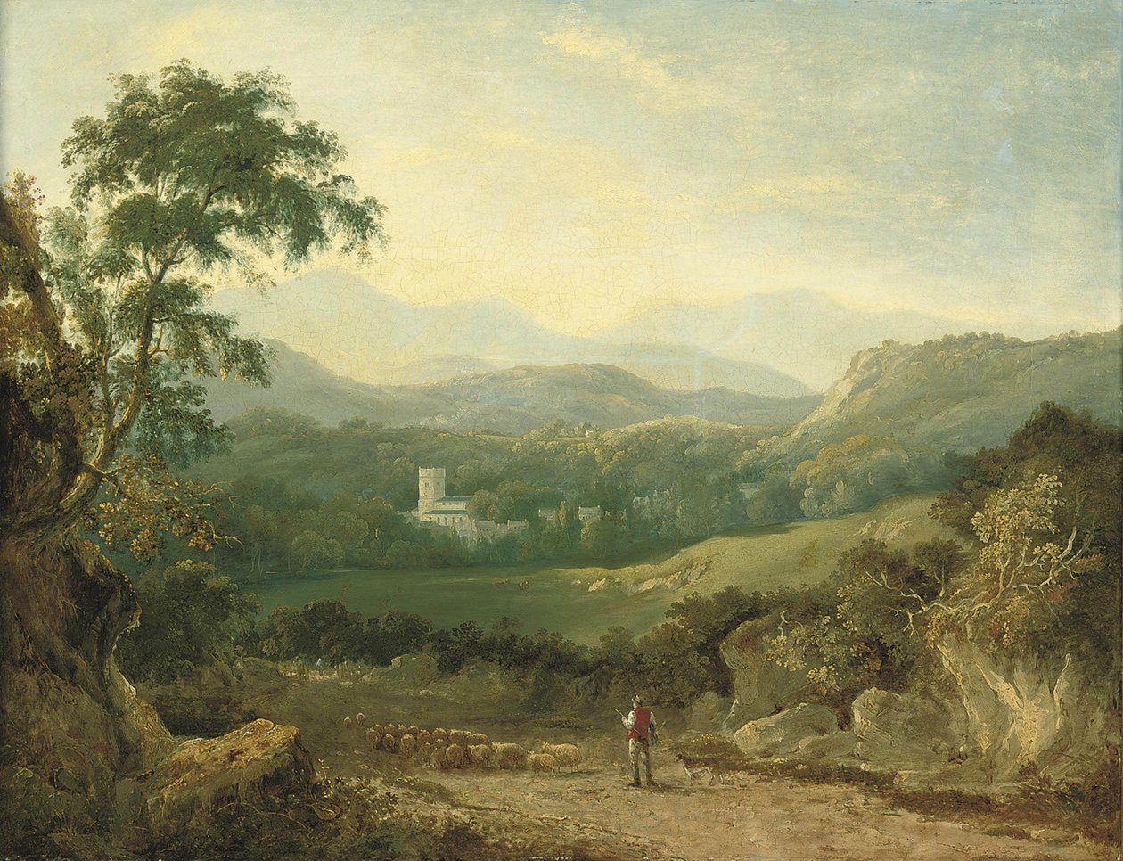 Porthmadog yakınlarındaki dağlık bir manzara, bir çoban, sürüsü ve bir şeritte bir kömür ocağı, uzakta bir gezgin, bir vadide inekler ve ötesinde bir köy by George Barret