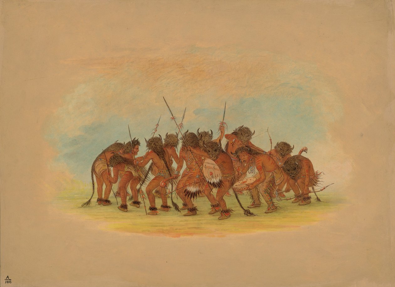 Mandan Buffalo Dance, 1861 (karton üzerine monte edilmiş kart üzerine yağlı boya) by George Catlin