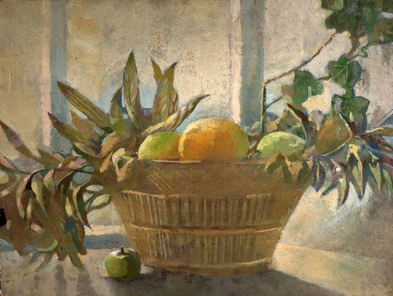 Sepette Meyve ve Yapraklar (ahşap üzerine tempera) by George Sheringham