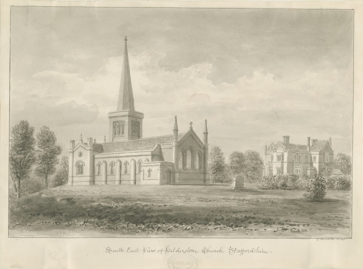 Hilderstone Kilisesi: sepya çizimi, 1841 by George Buckler