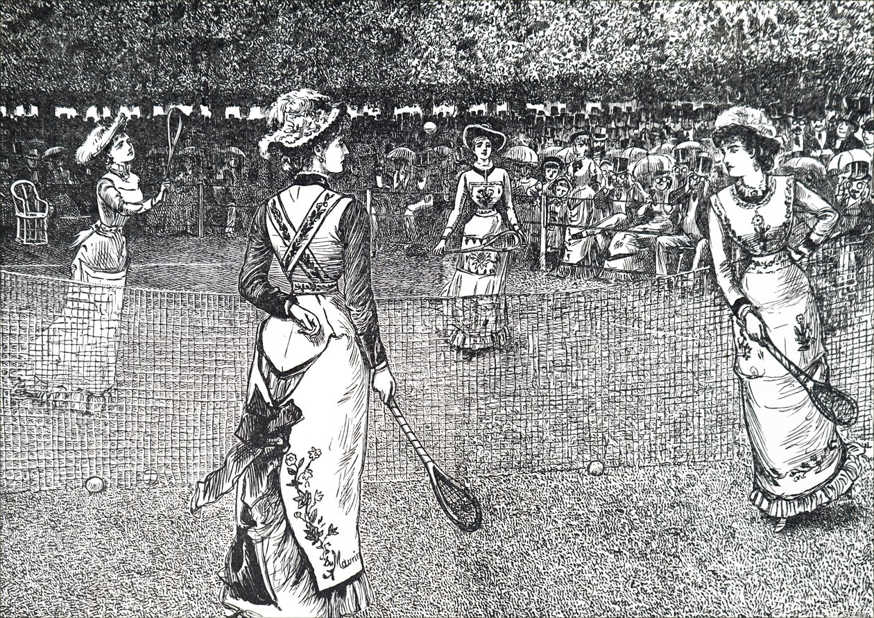Bayanlar çim tenisi oynuyor. by George du Maurier