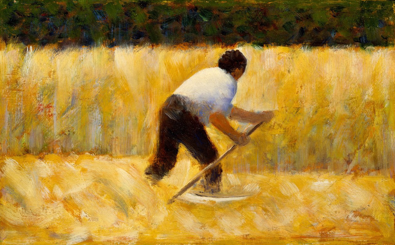 Biçme Makinesi, 1881-82 (tahta üzerine yağlı boya) by Georges Seurat
