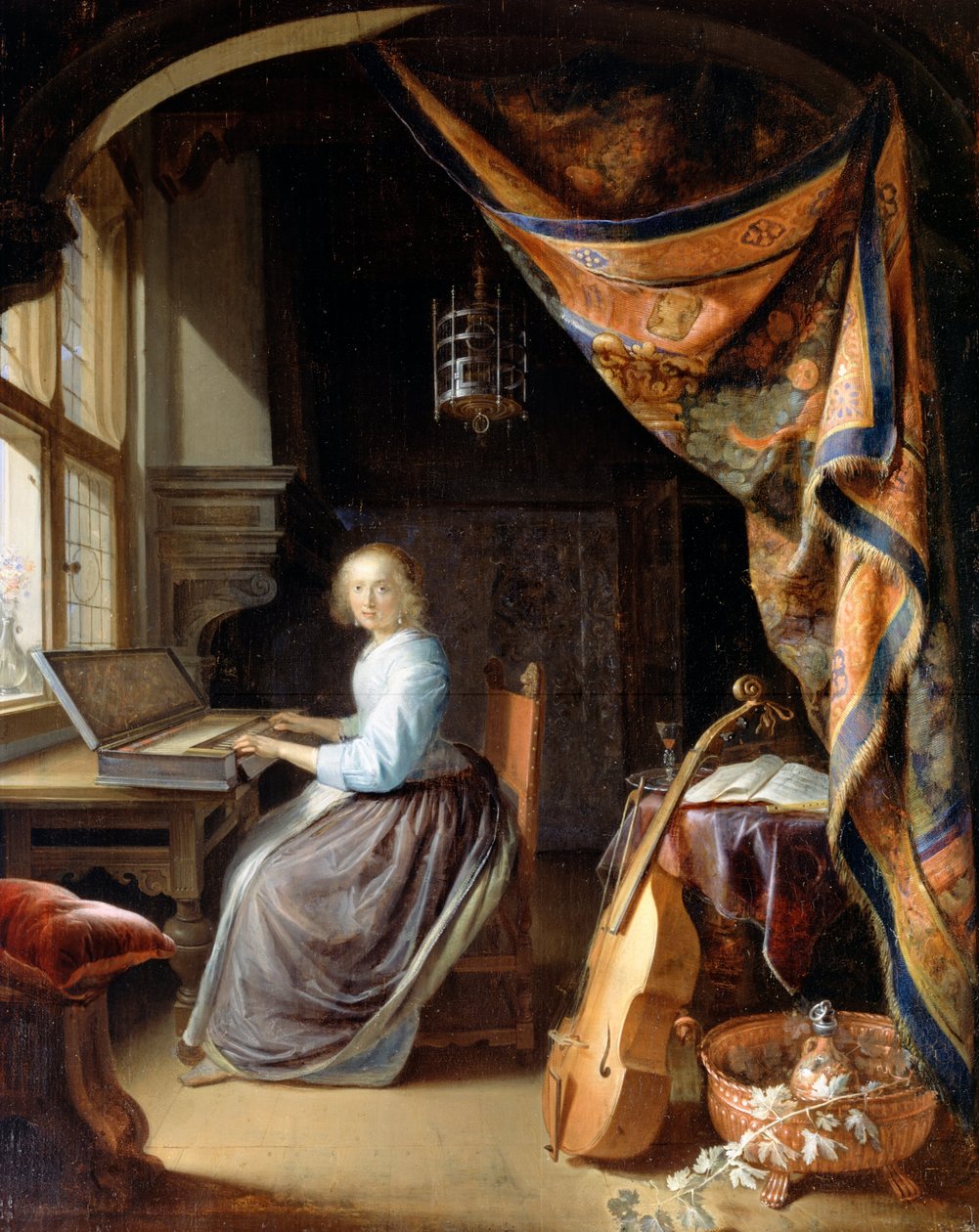 Klavsen çalan bir kadın by Gerrit Dou
