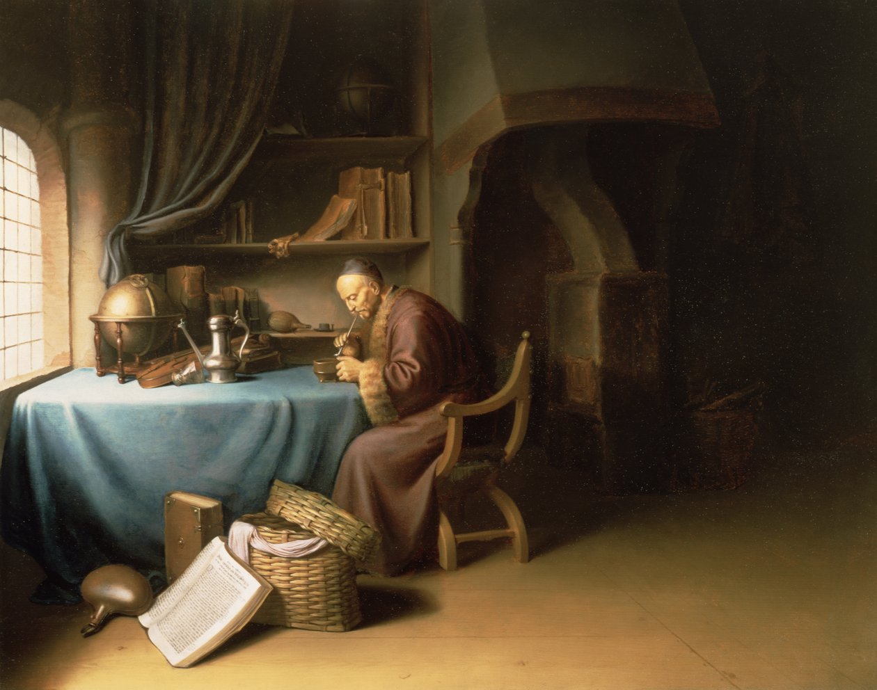Bir Çalışmada Piposunu Yakan Yaşlı Bir Adam by Gerrit Dou