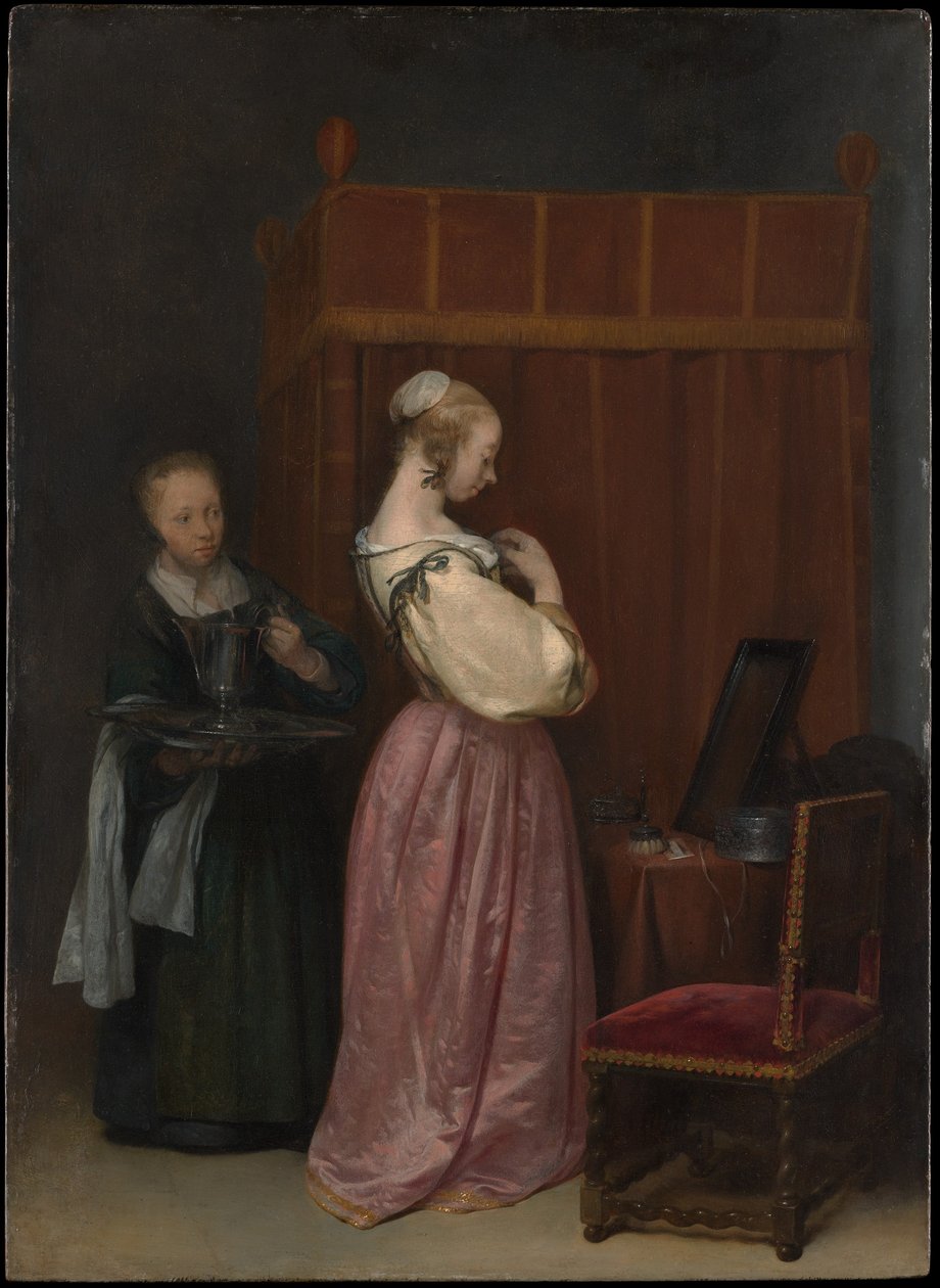 Genç kadın bir hizmetçi ile tuvaletinde by Gerard ter Borch