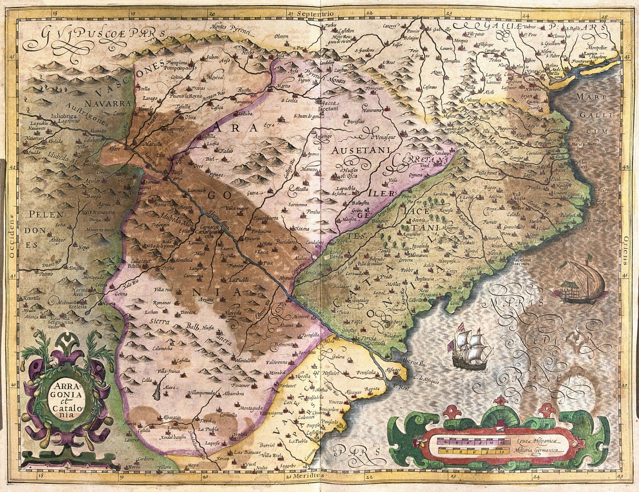 Aragon ve Katalonya, İspanya (gravür by Gerardus Mercator