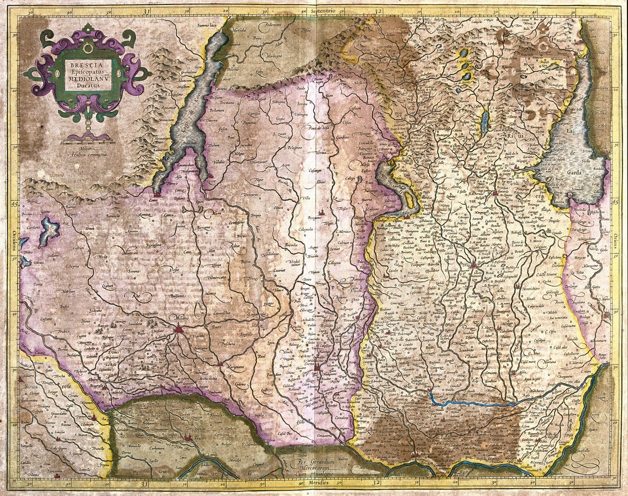 Brescia ve Milan, İtalya (gravür by Gerardus Mercator