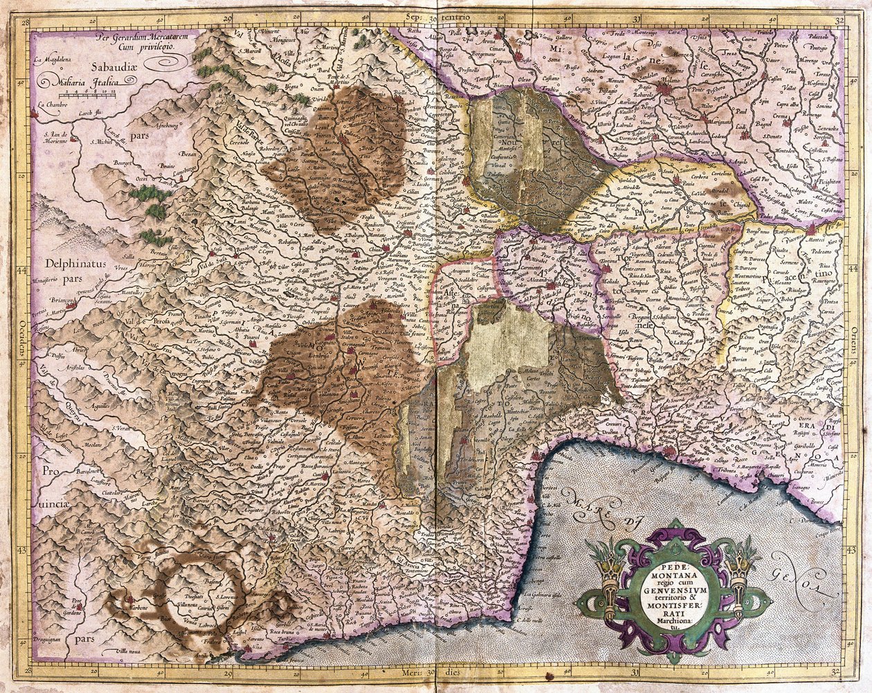 Piemond, Cenova ve Montserrat (gravür by Gerardus Mercator