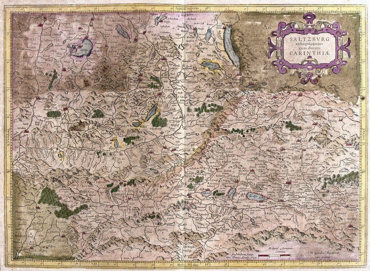 Salzburg ve Carintia, Avusturya (gravür by Gerardus Mercator