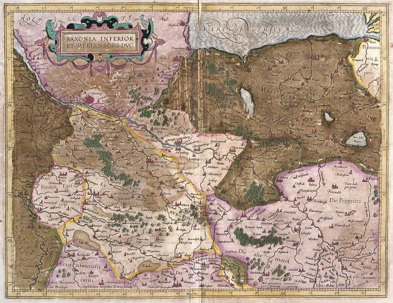 Saksonya ve Mecklenburg, Almanya (gravür by Gerardus Mercator