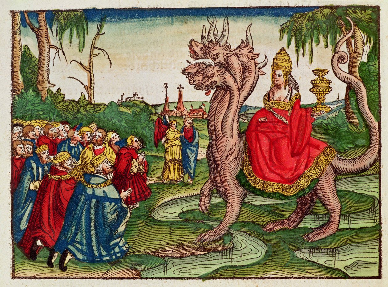 Babil Fahişesi, Luther İncilinden, c.1530 (renkli gravür) by German School