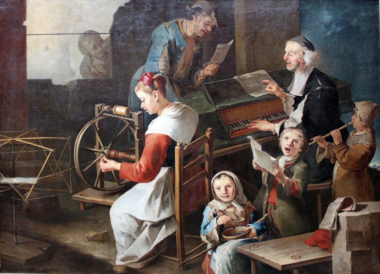 Müzisyenler ve bir spinner ile ev içi sahne by Giacomo Francesco Cipper