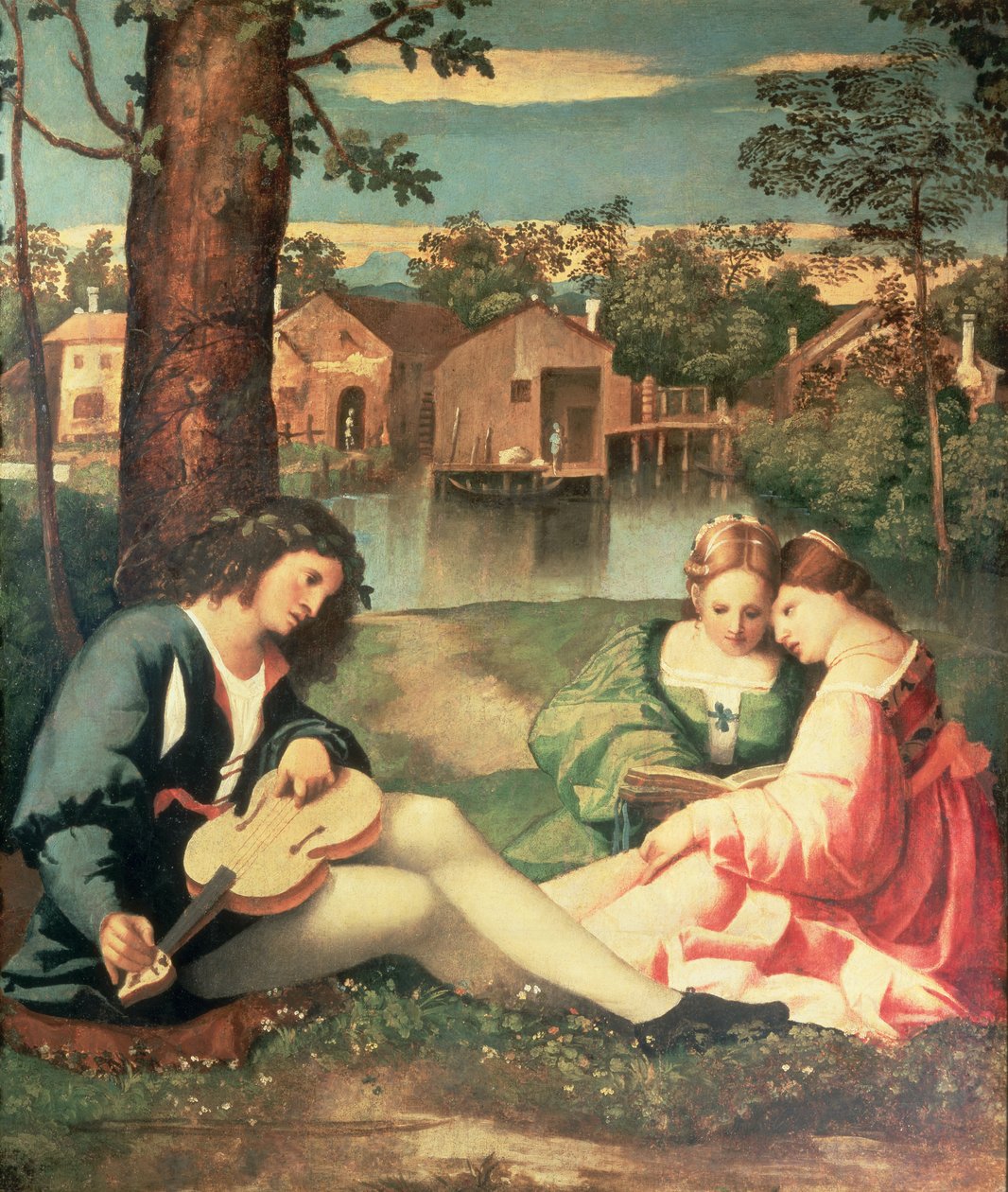 Gitarlı bir genç ve nehir kıyısında oturan iki kız by Giorgione da Castelfranco