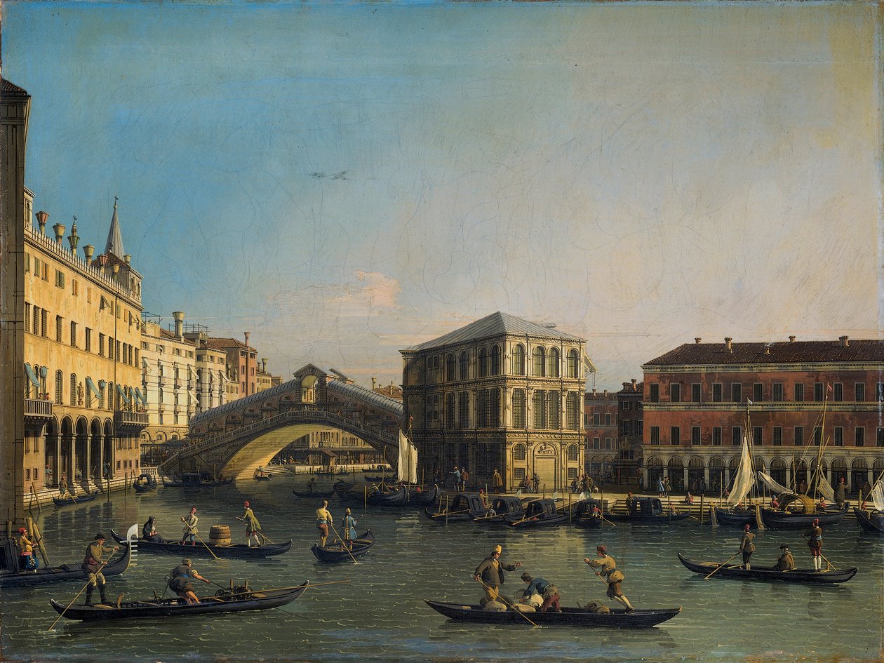 Het Canal Grande, Ponte Rialto en de Fondaco dei Tedeschi ile bir araya geldi by Giovanni Antonio Canal