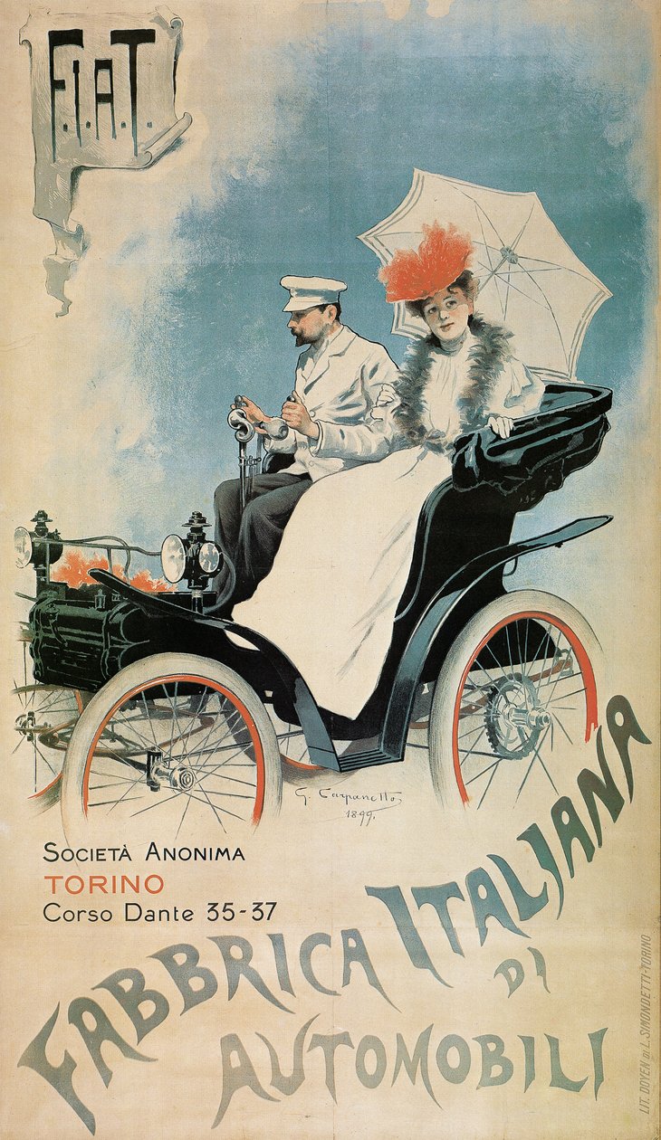 Erken bir FIAT arabasının reklamını yapan afiş, 1899 by Giovanni Battista Carpanetto