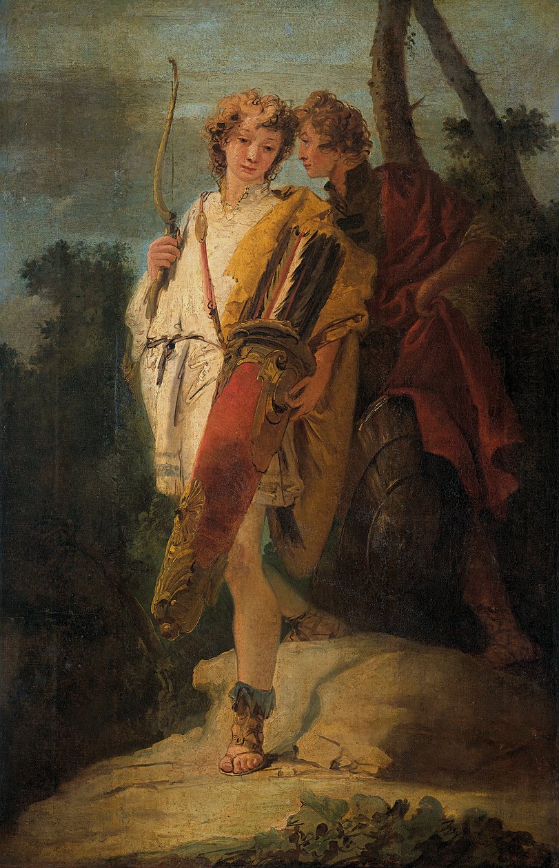 Yaylı ve büyük bir ok kılıfı olan genç adam ve kalkanlı yoldaşı by Giovanni Battista Tiepolo
