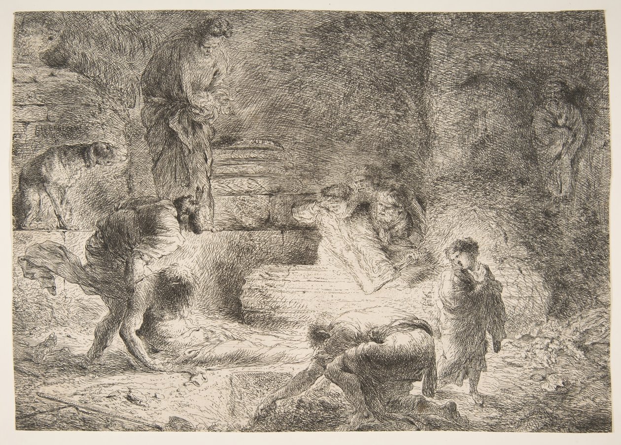 Tobit, Ölüleri gömüyor, ca. 1647-51. by Giovanni Benedetto Castiglione