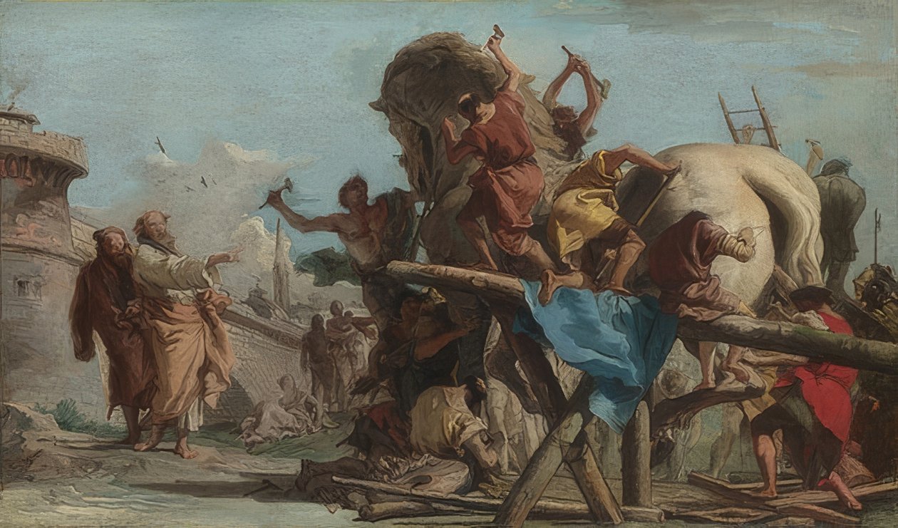 Truva atı yapımı. 1760 civarında by Giovanni Domenico Tiepolo