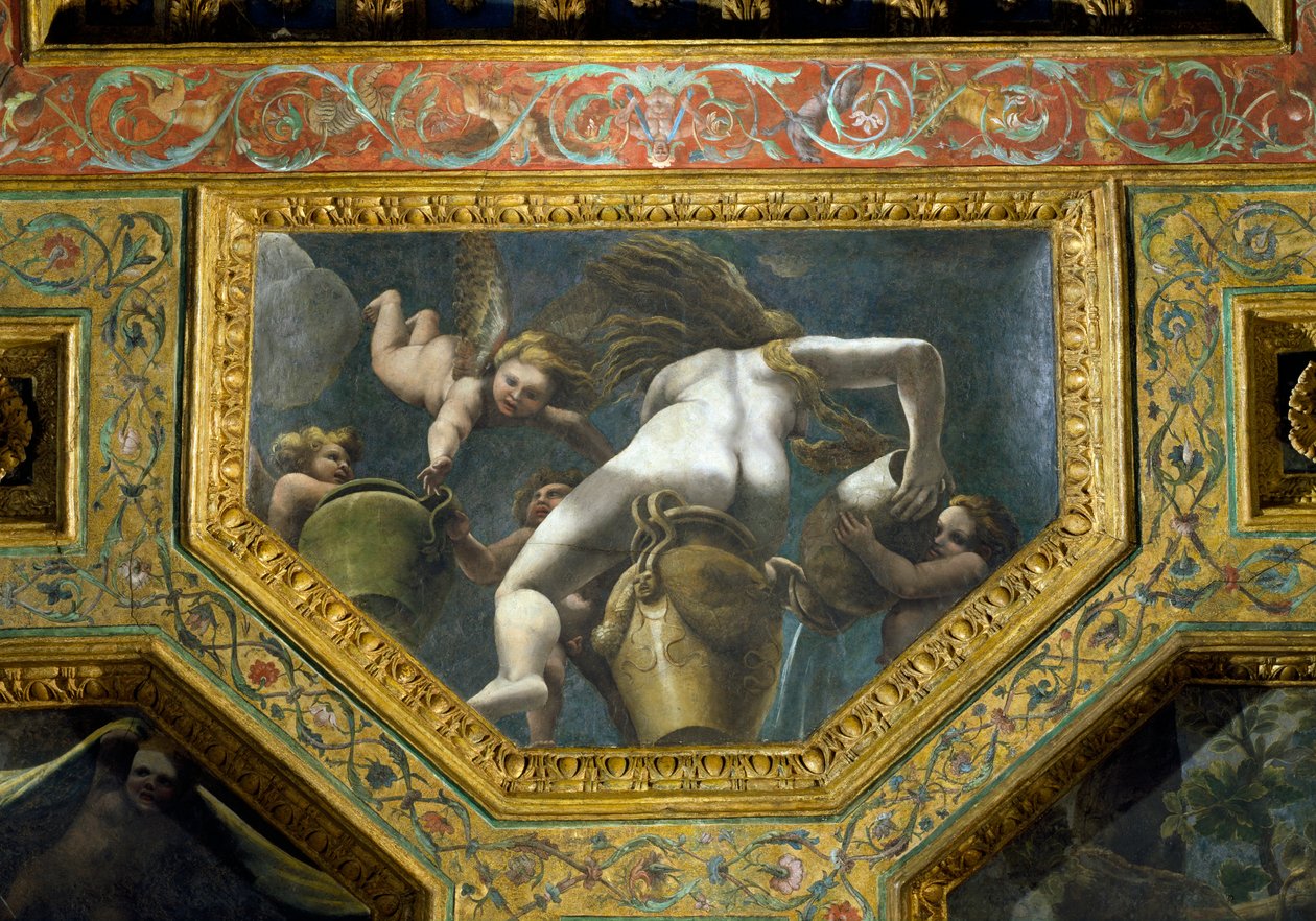 A nymph pouring water from an urn aided by putti, ceiling caisson from the Sala di Amore e Psiche, 1528 (oil on stucco) by Giulio Romano