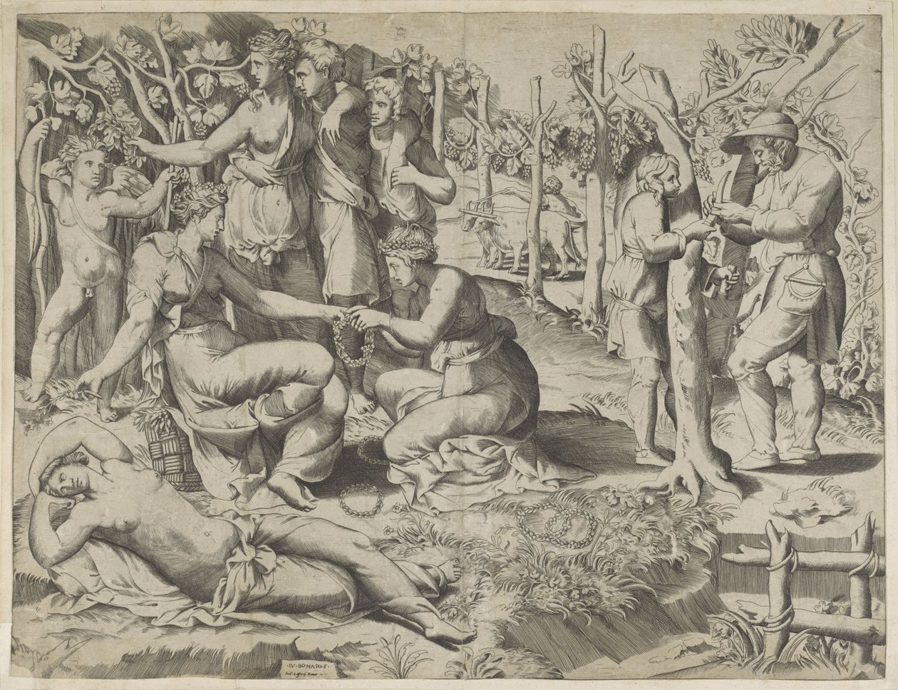 Flora bir çelenk verir by Giulio Bonasone