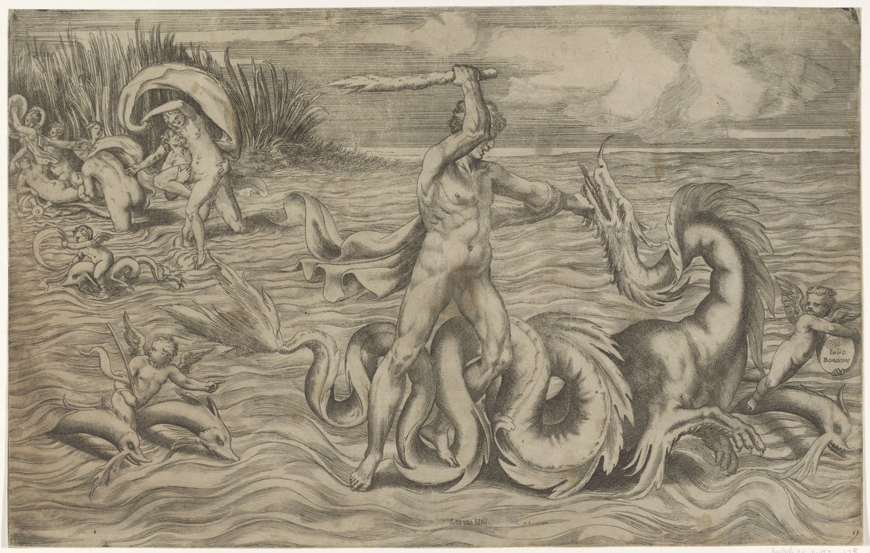 Herkül, Achelous ile güreşir by Giulio Bonasone