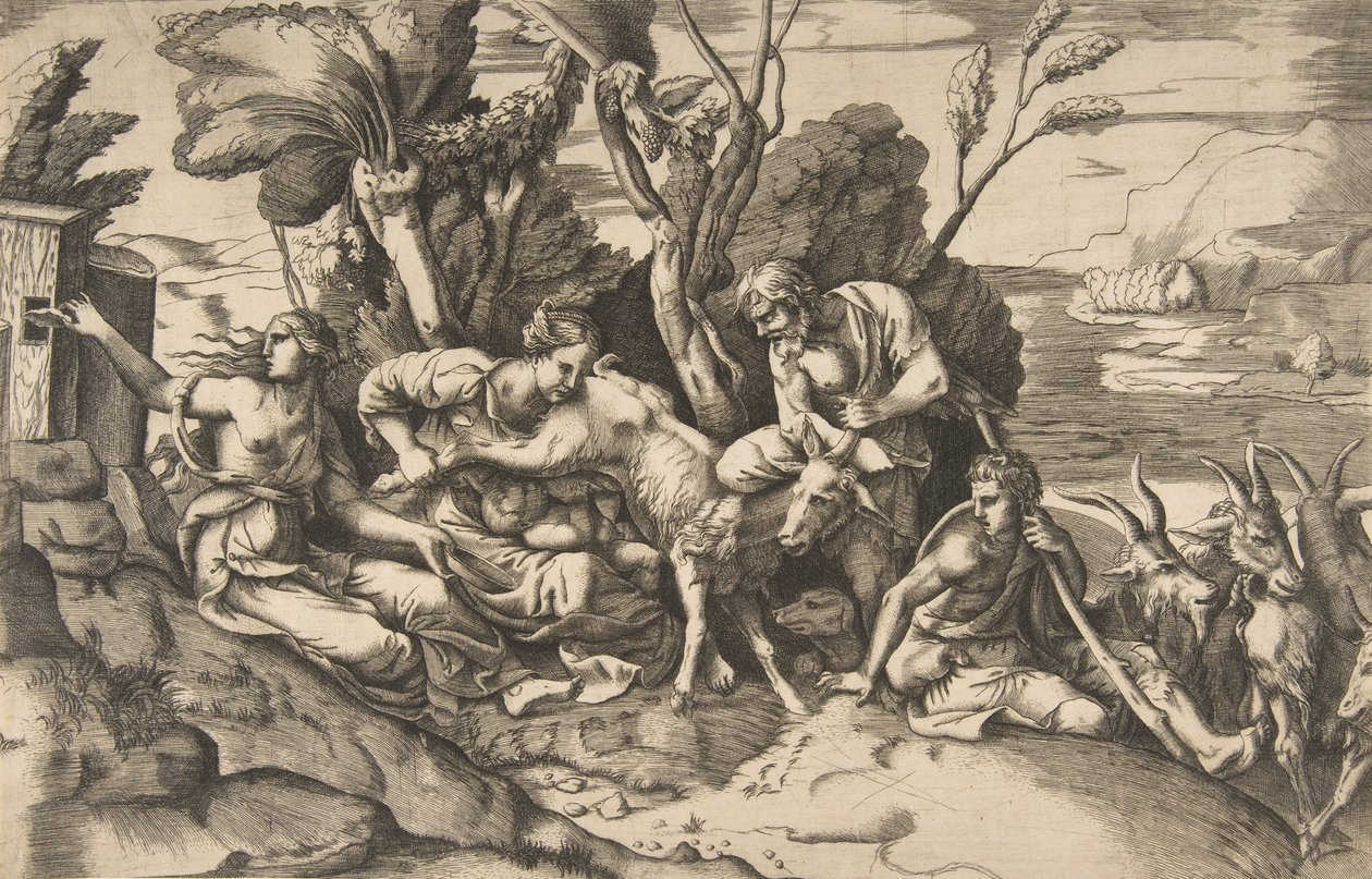 Jüpiter, keçi Amalthea tarafından emzirildi, 1531-76.. by Giulio Bonasone