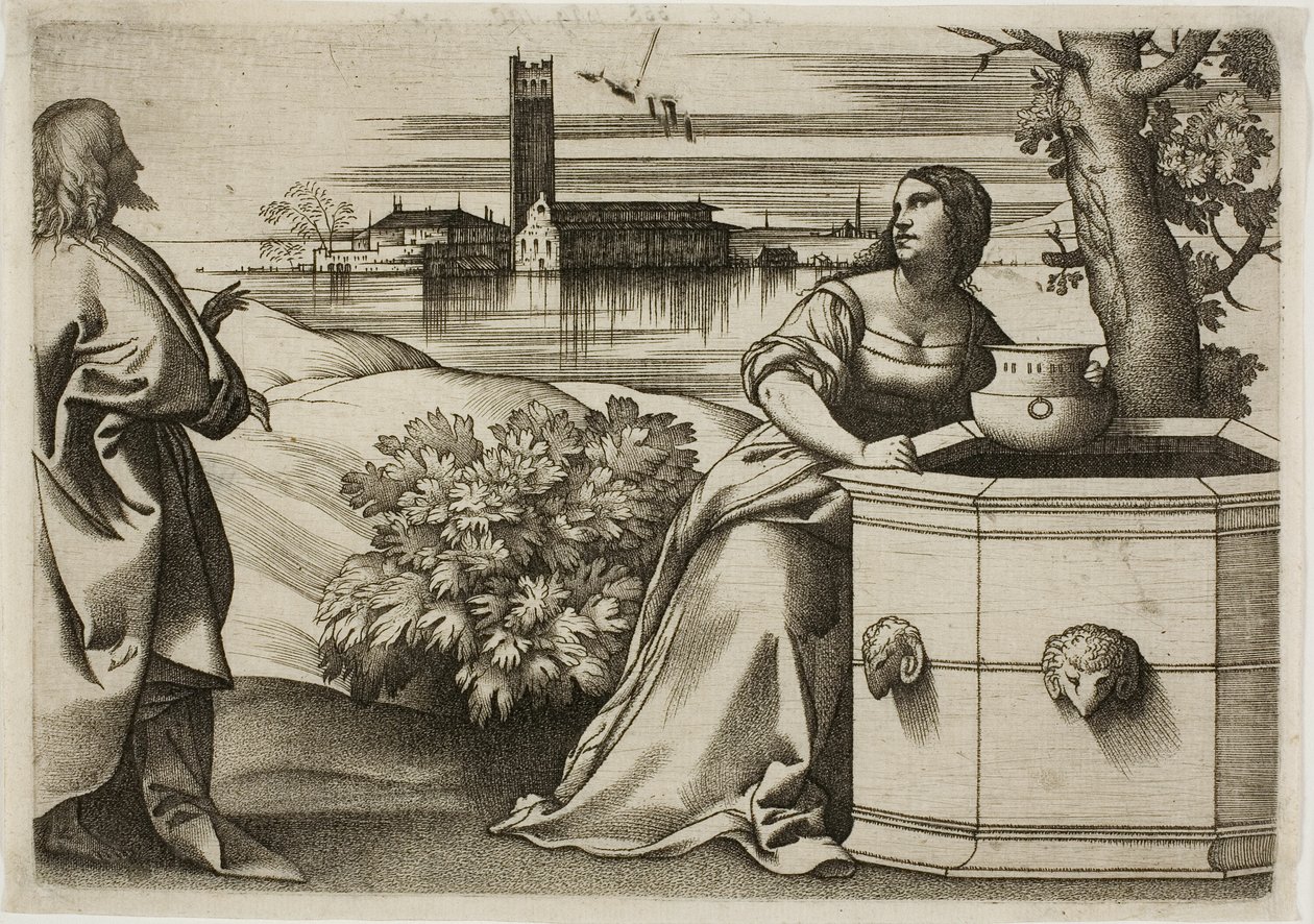 İsa ve Samiriyeli Kadın by Giulio Campagnola
