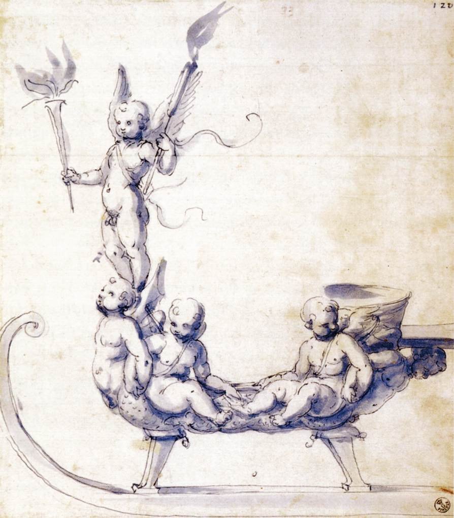 Putti ile Kızak Çizimi by Giuseppe Arcimboldo