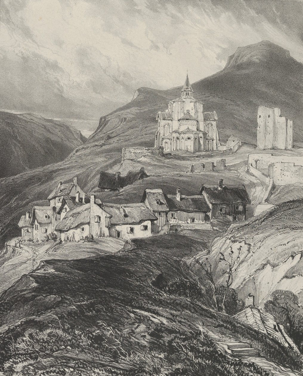 Saint-Nectaire kilisesinin dış apsisi, 1831. by Godefroy Engelmann