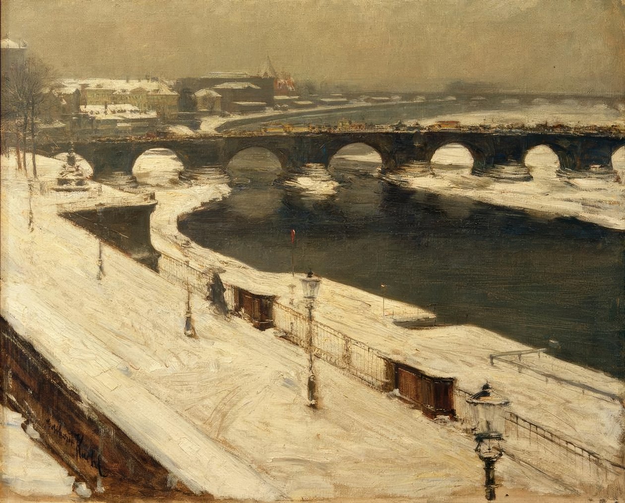 Kışın Elbe ve Augustus Köprüsü by Gotthardt Johann Kuehl