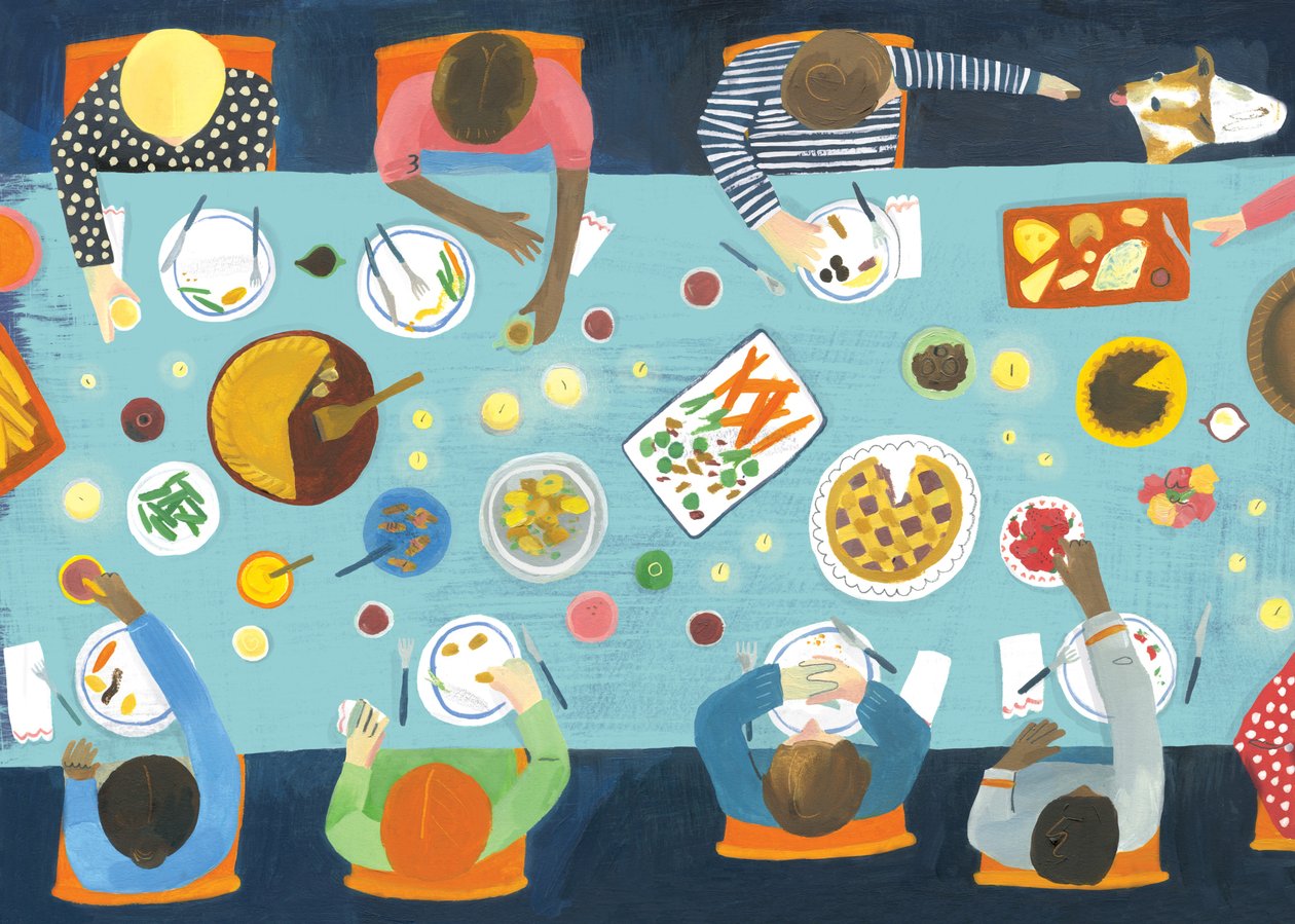 Akşam yemeği partisi, 2015 (kağıt üzerine yağlı boya) by Grace Helmer