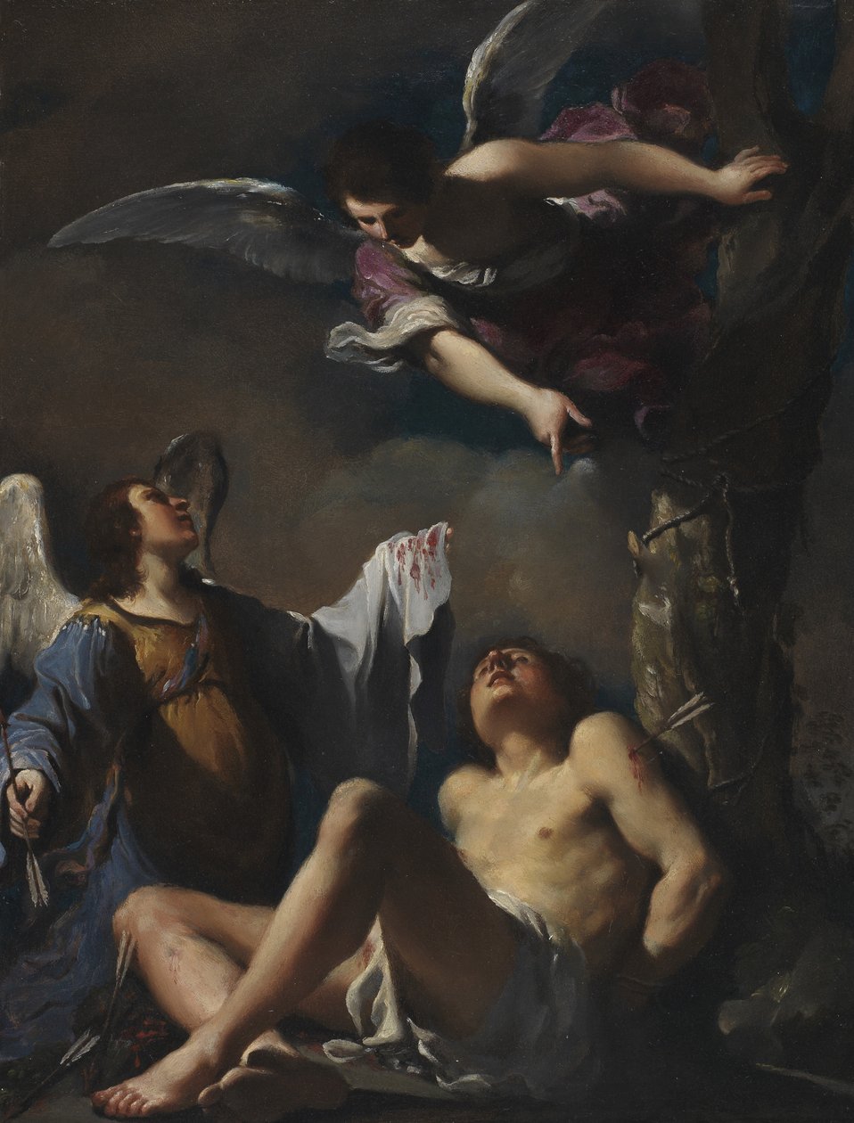 Aziz Sebastian iki melek tarafından yardım edildi by Guercino