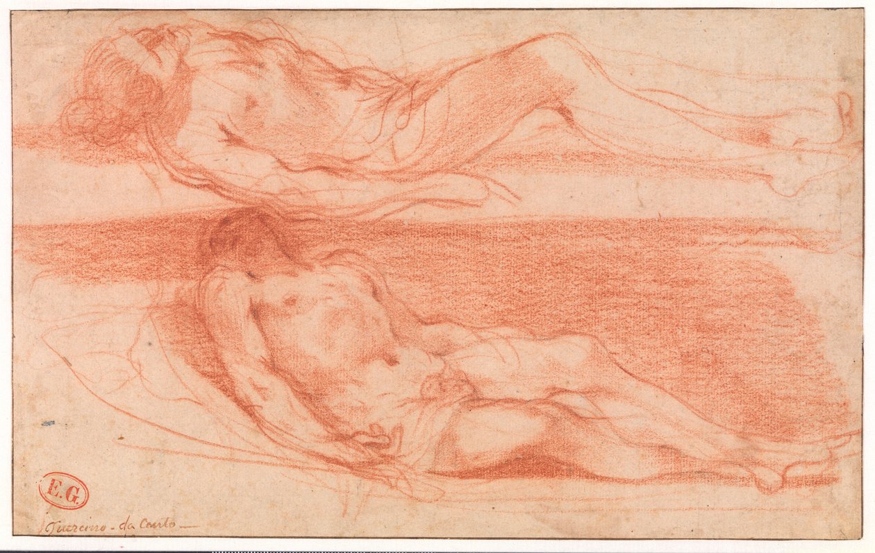 Yarı çıplak yatan adamla ilgili iki çalışma by Guercino