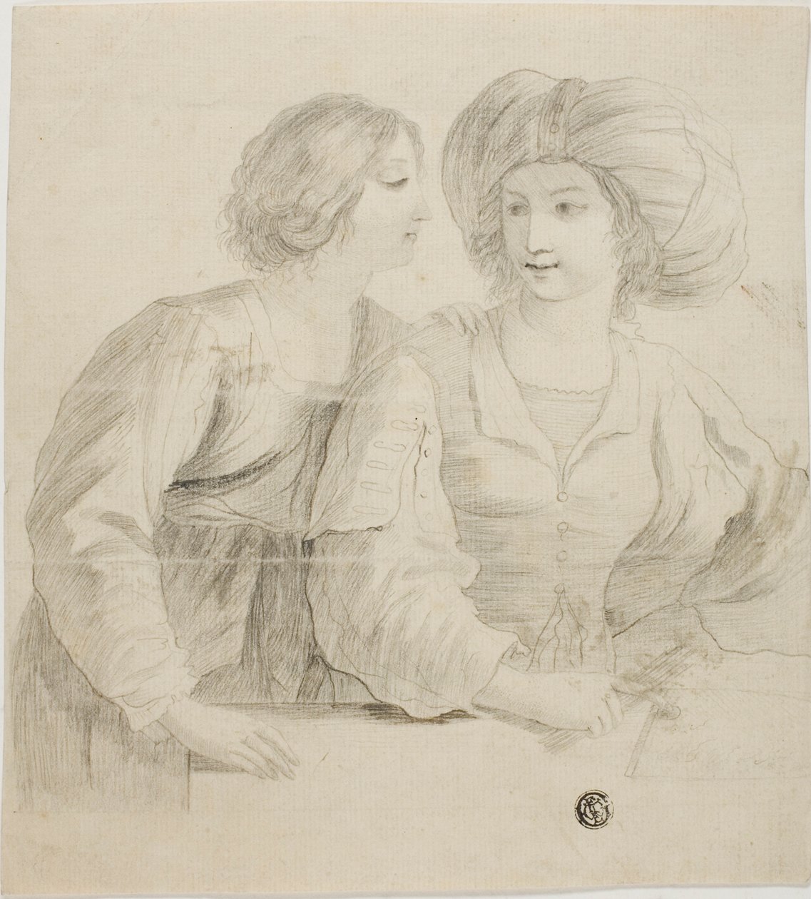 İki Genç Kadın, Biri Sarıklı, Konuşurken by Guercino