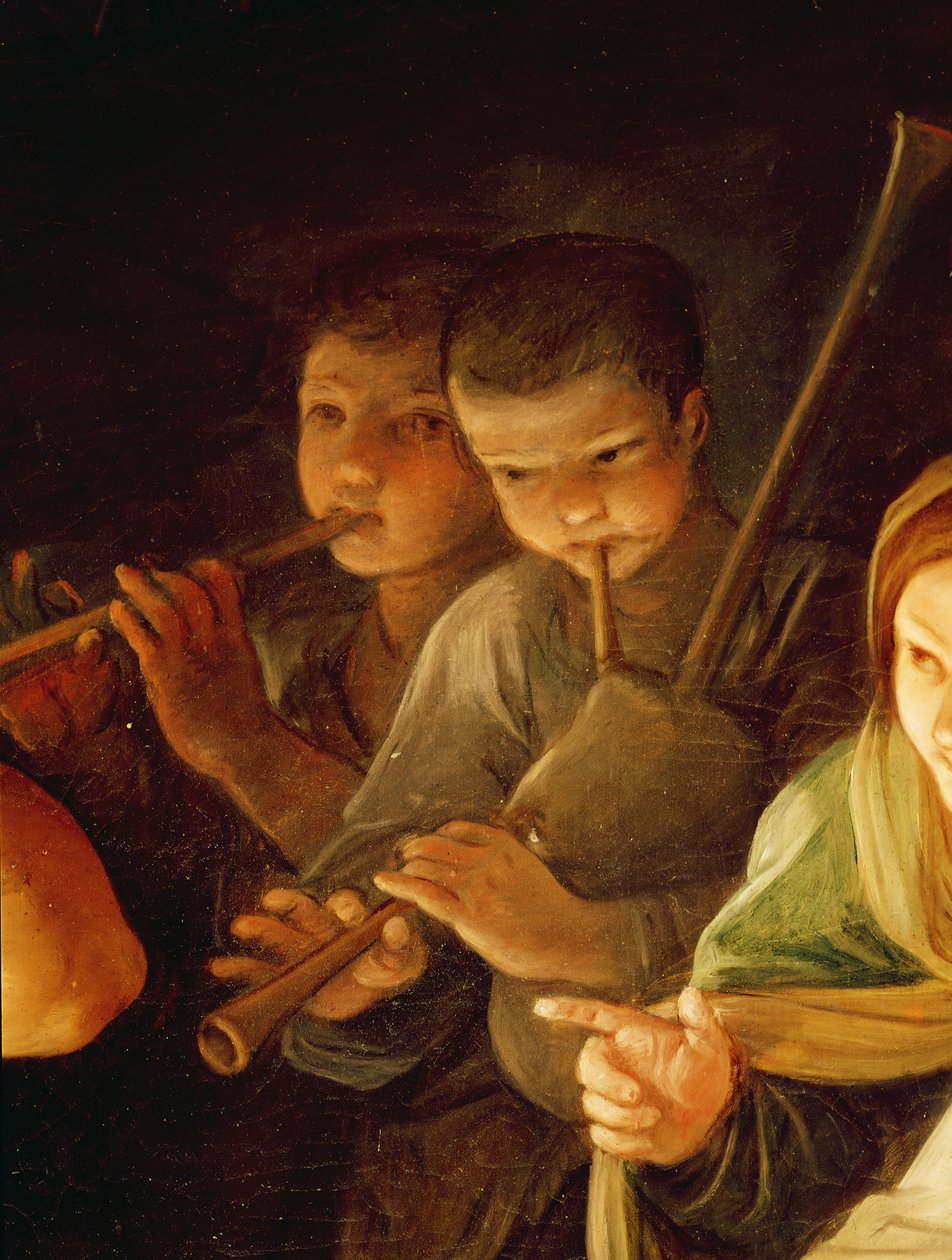 Arka planda genç müzisyenlerin Çobanlara Tapınma detayı, tuval üzerine 1642 yağlı boya by Guido Reni