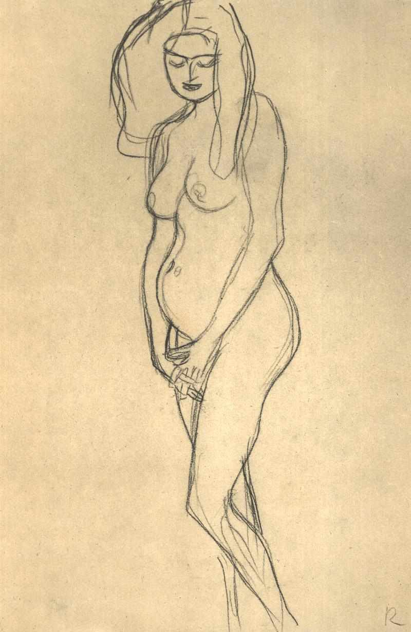 Soldaki hamile bir kadının çıplaklığı by Gustav Klimt