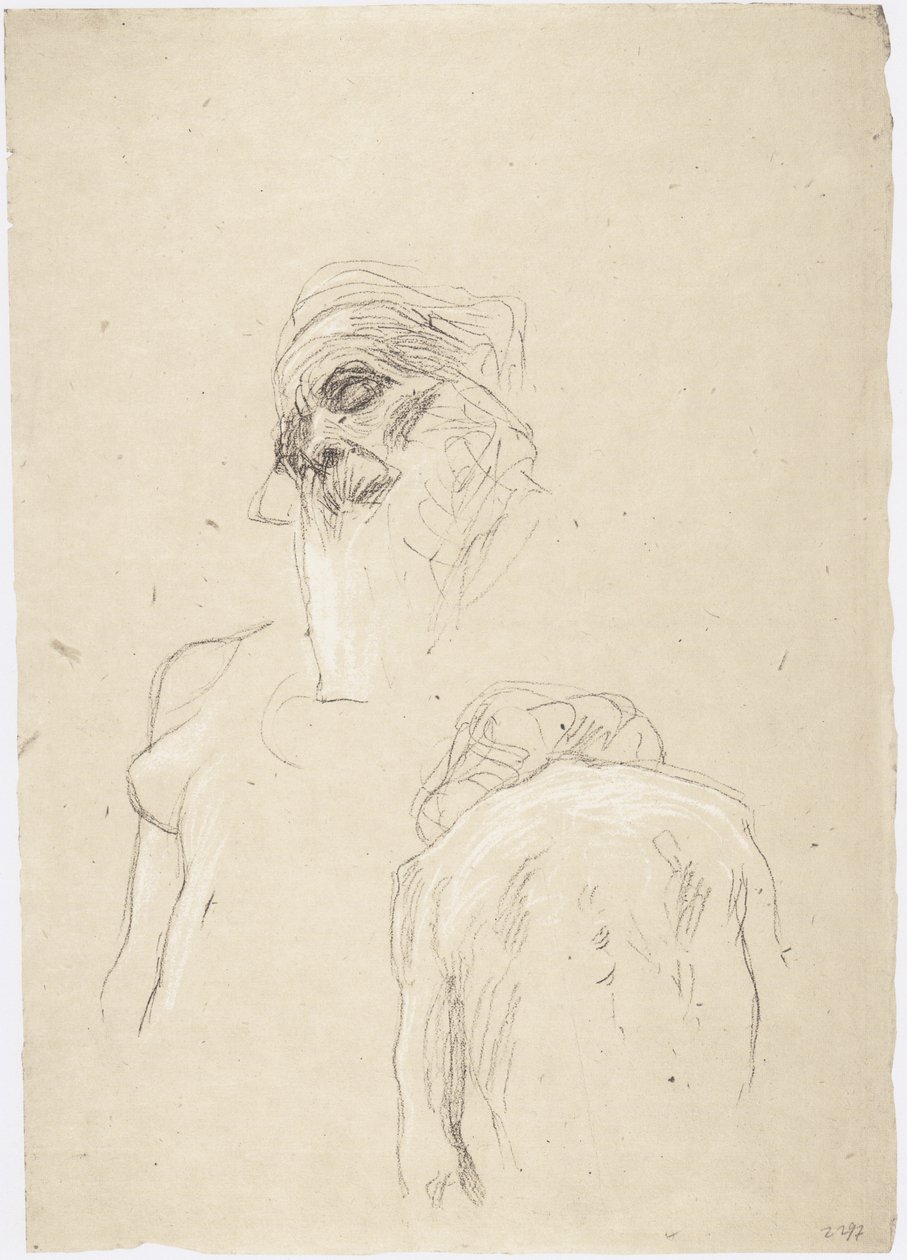 Yaşlı adamın kafası, oturan kadın çıplak arkadan, bir kadın üst vücudunun sağ tarafında by Gustav Klimt
