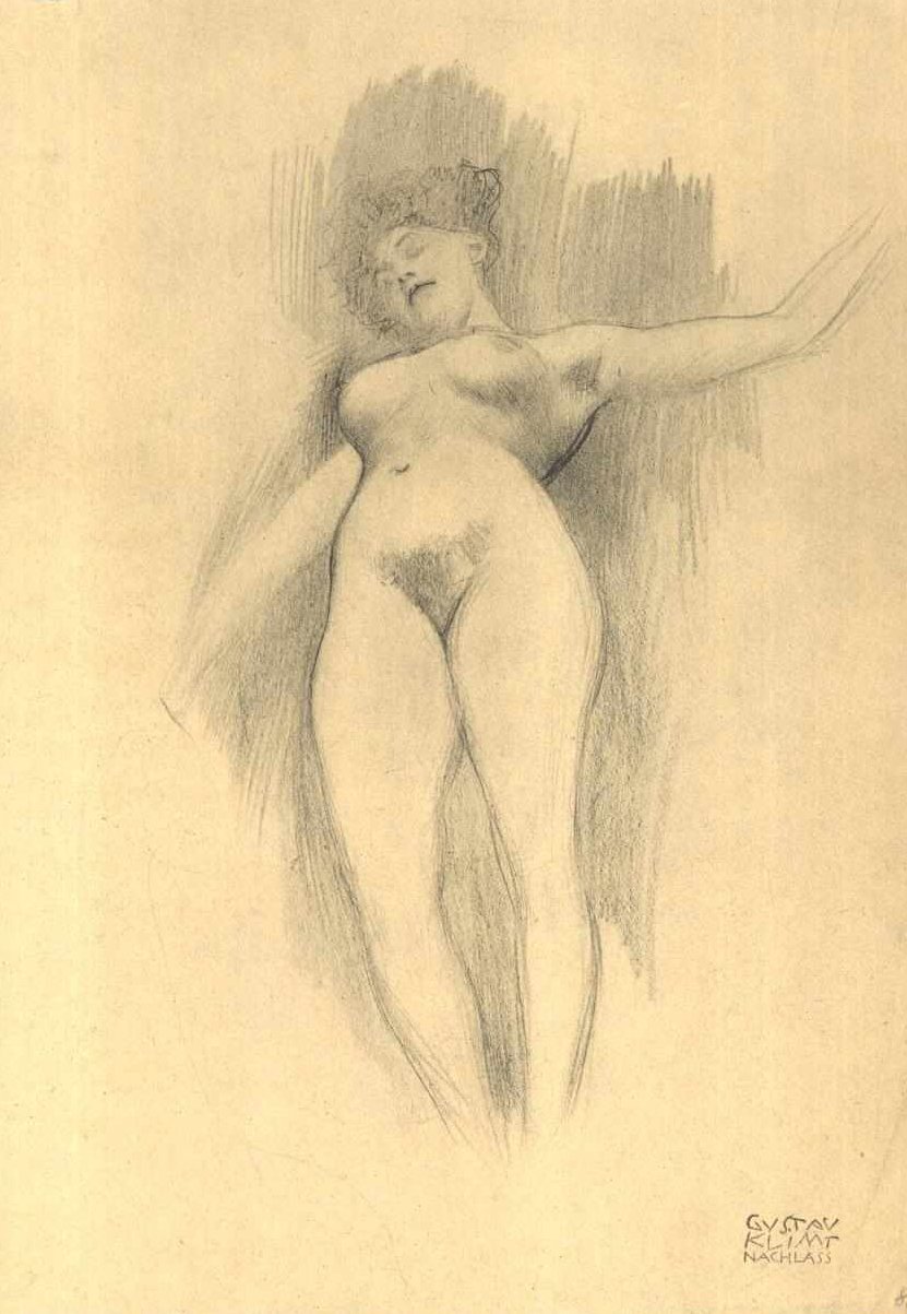 Karanlık bir arka plana karşı çıplak yüzen by Gustav Klimt