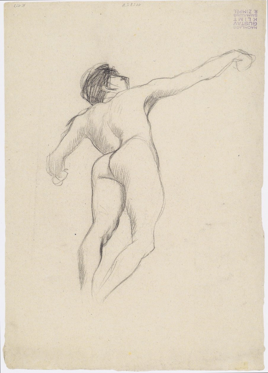 Aşağıdan sağa doğru güçlü bir görünümde arkadan çıplak yüzen erkek by Gustav Klimt