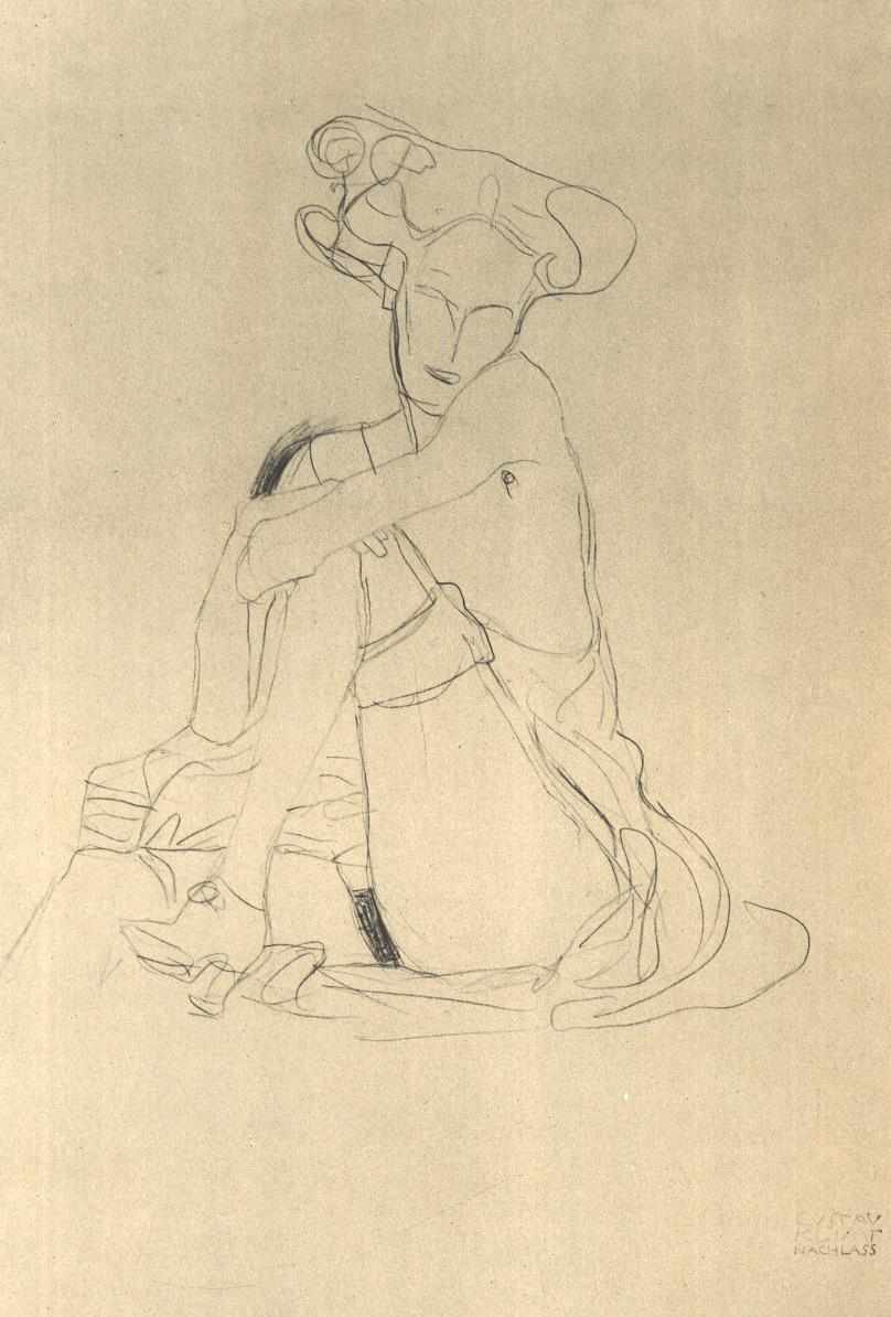 Sol bacağı desteklenmiş oturan kadın by Gustav Klimt