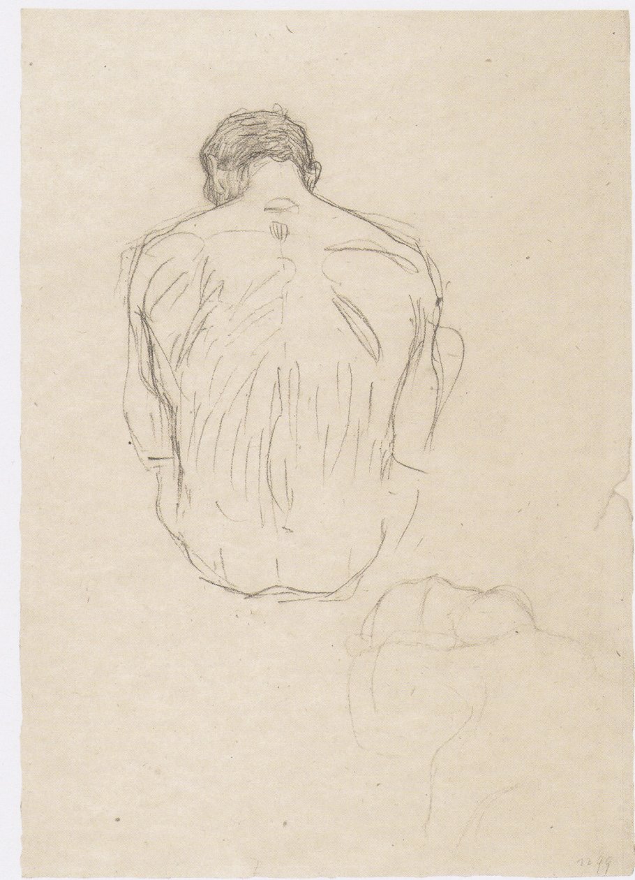 Arkadan çıplak oturan erkek ve "güreş" için eskiz by Gustav Klimt