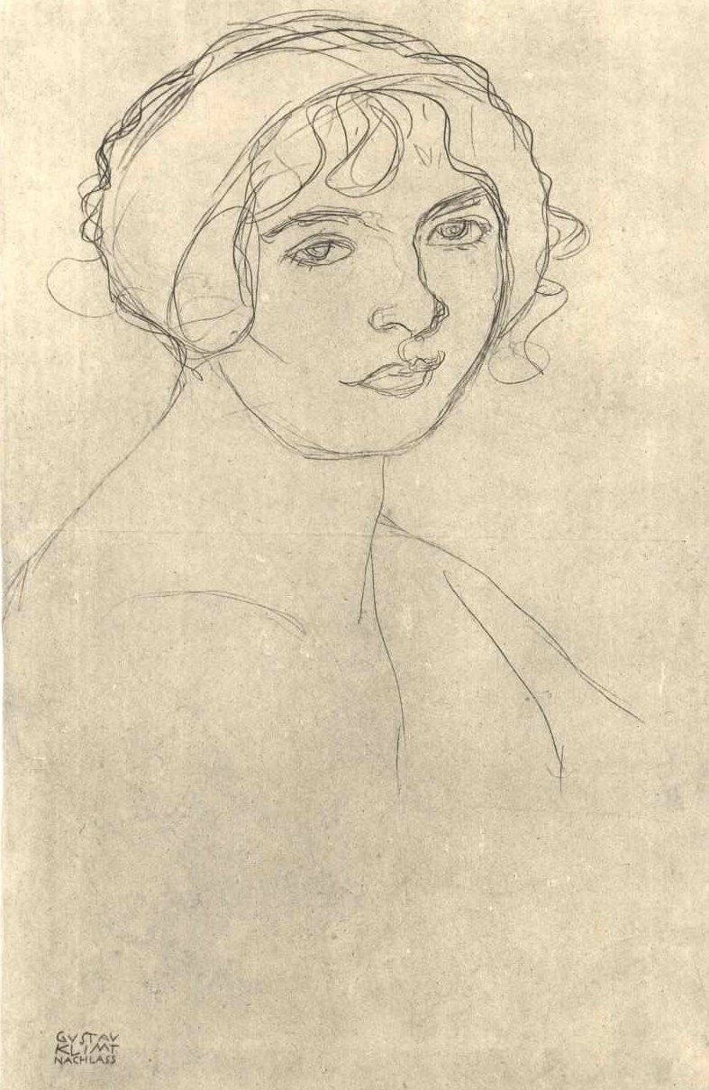 Sağa bakan çıplak bir kızın yarım boy portresi. by Gustav Klimt