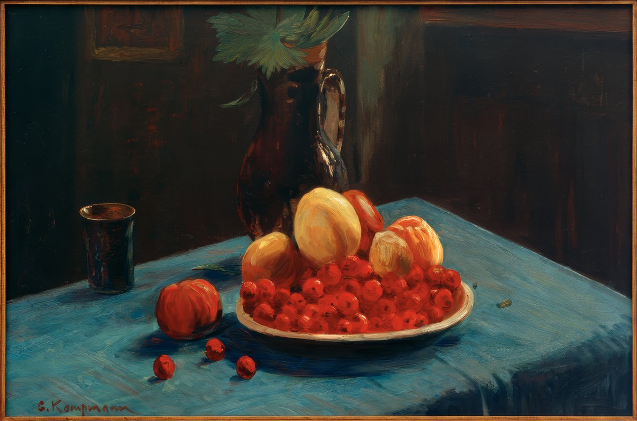 Mavi bir masa örtüsü üzerinde meyve natürmort by Gustav Kampmann