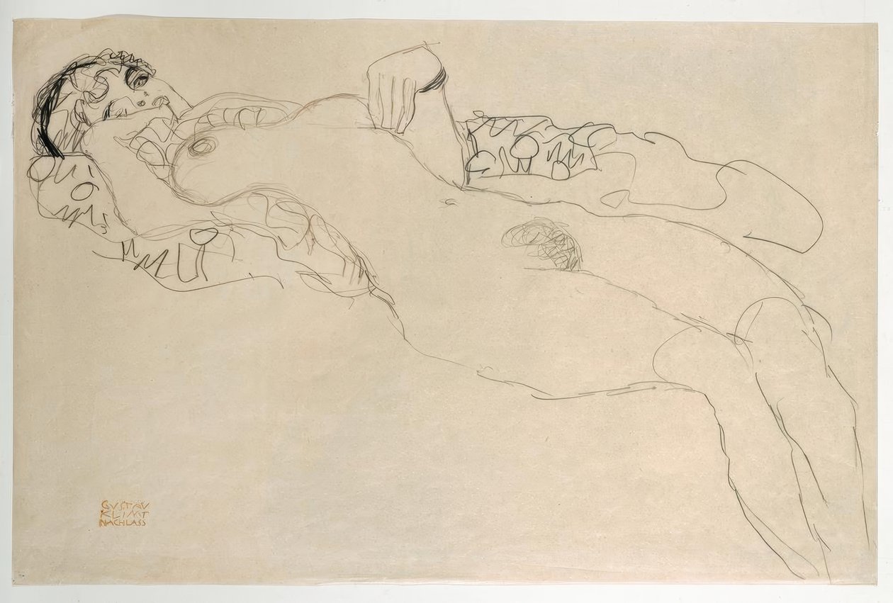 Uzanmış çıplak sola döndü by Gustav Klimt
