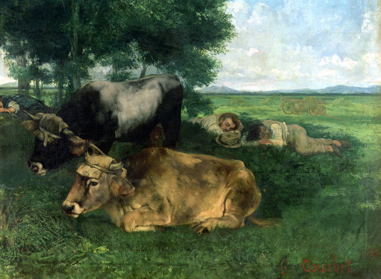 Saman Mevsiminde La Siesta (ve bir ağacın altında uyuyan hayvanların detayı), 1867, by Gustave Courbet