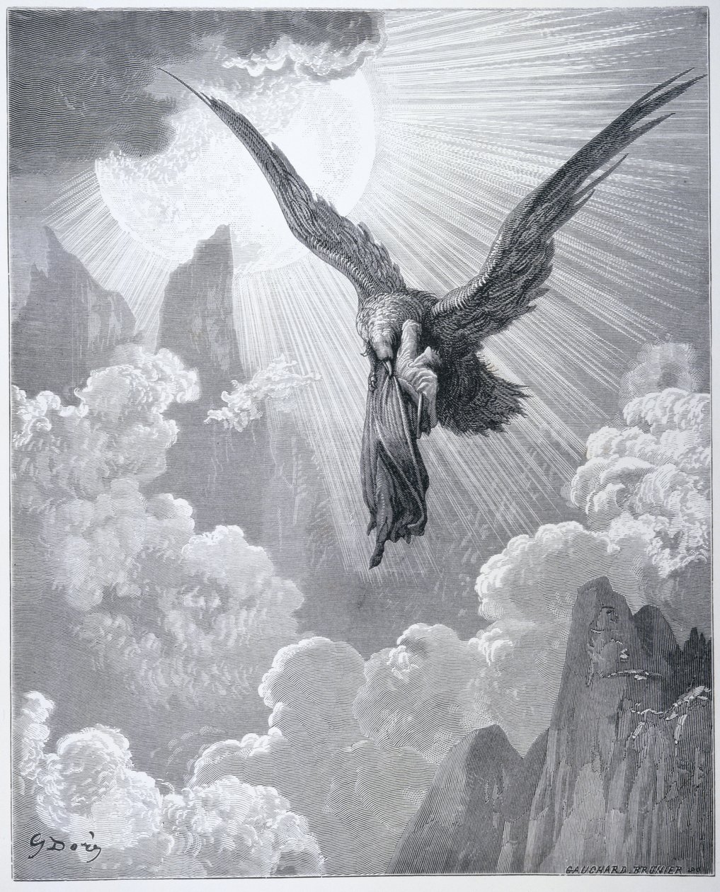Dante ve Kartal, Dante Alighieri'nin (1265-1321) 'İlahi Komedya'dan (Purgatorio) Gauchard Brunier tarafından oyulmuş, c.1868 by Gustave Dore