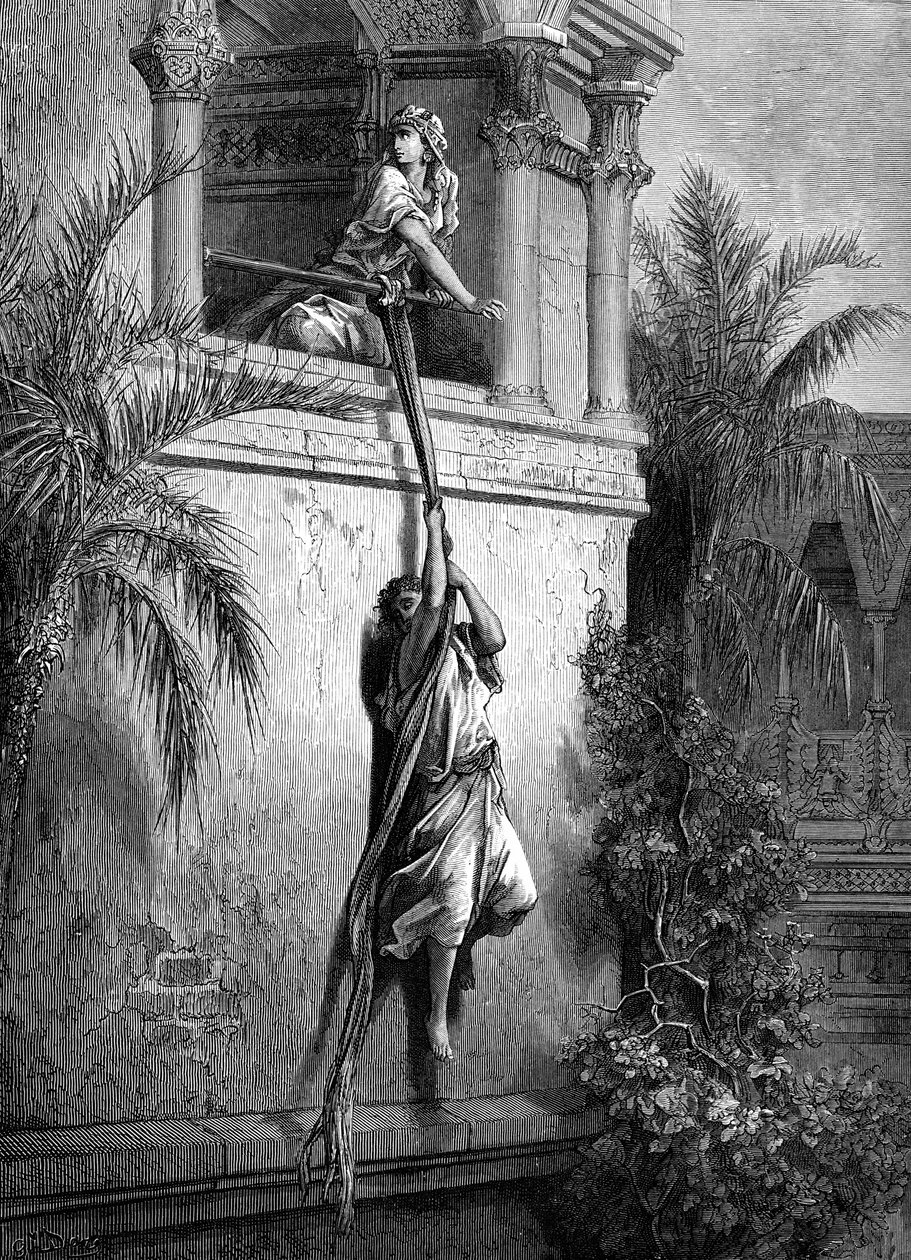 David s escape through the window, by Doré. - Bible by Gustave Dore