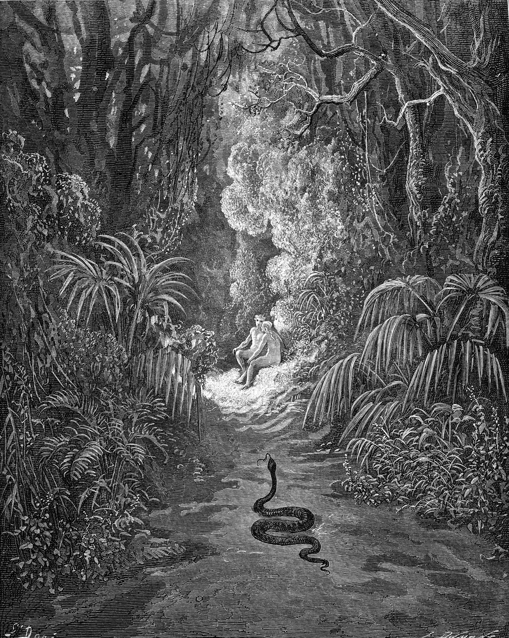 Paradise Lost, by Milton: The serpent approaches. by Gustave Dore