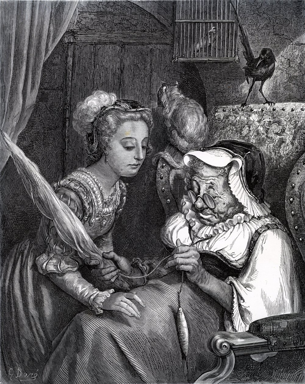 Sleeping Beauty: Princess and Fairy Spite in turret. by Gustave Dore