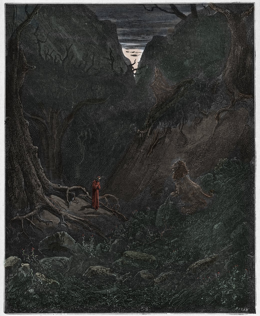 Inferno, Canto 1 : The lion suddently confronts Dante, illustration from The Divine Comedy by Dante Alighieri, 1885 (digitally coloured engraving) by Gustave after Dore